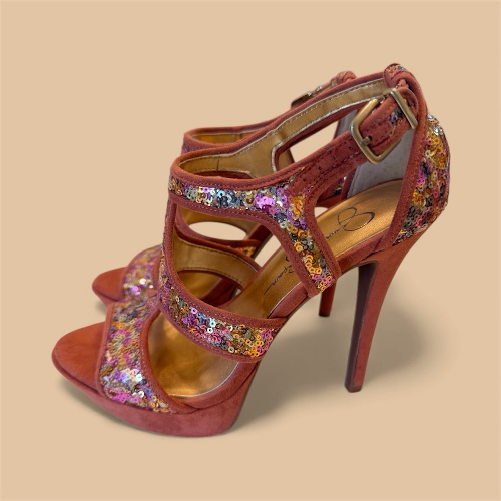 Jessica Simpson Bruno platform sandals w/ rose gold sequins pink/reddish, Sz 7